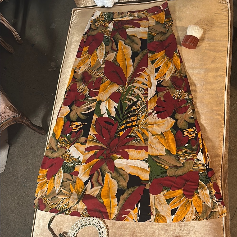 A-Line 38” long skirt Rayon jersey Floral Burgundy Browns Greens Ochre yellow